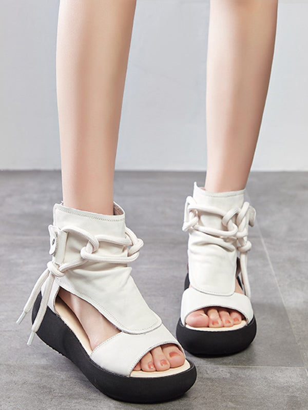 【Leather】Original Casual Solid Color Hollow Out Fish Mouth Platform Shoes