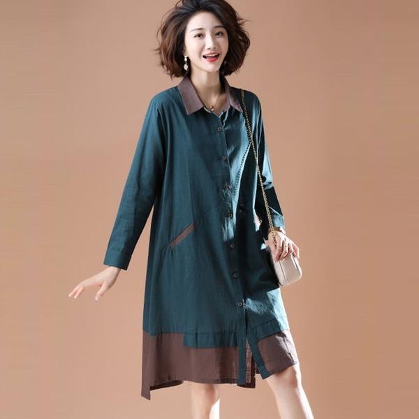 New 2020 Autumn Vintage Patchwork Color Loose Female Knee-length A-line Dresses - Omychic