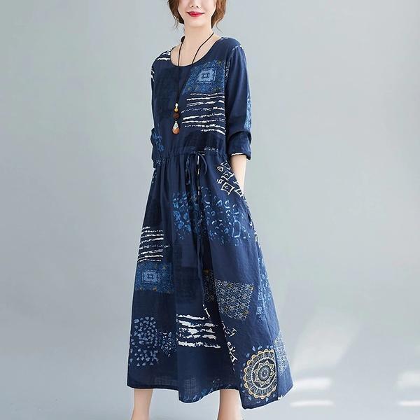 long sleeve plus size cotton linen vintage floral for women casual loose autumn dress - Omychic