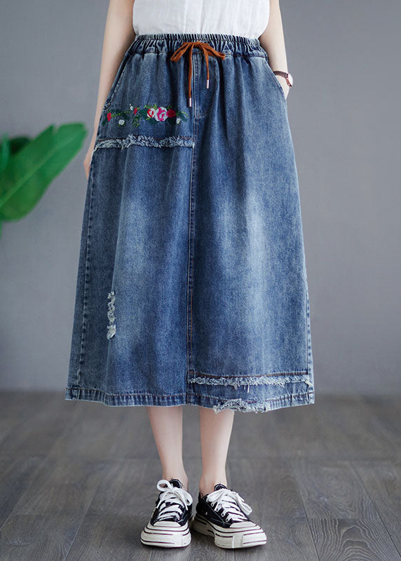 Style Blue Embroideried Pockets Elastic Waist Patchwork Cotton Skirt Summer