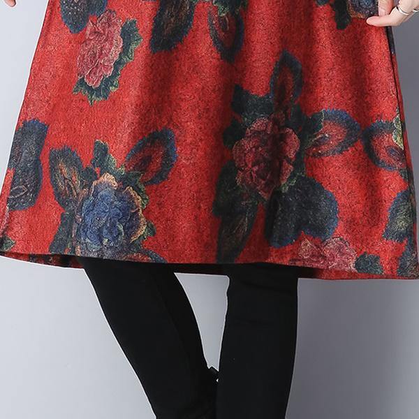 long sleeve woolen plus size vintage floral women casual loose midi autumn winter dress - Omychic