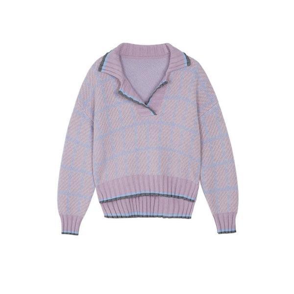 Knitting Splicing Plaid Women Sweater Winter New V-neck Top Casual Fashion - Omychic