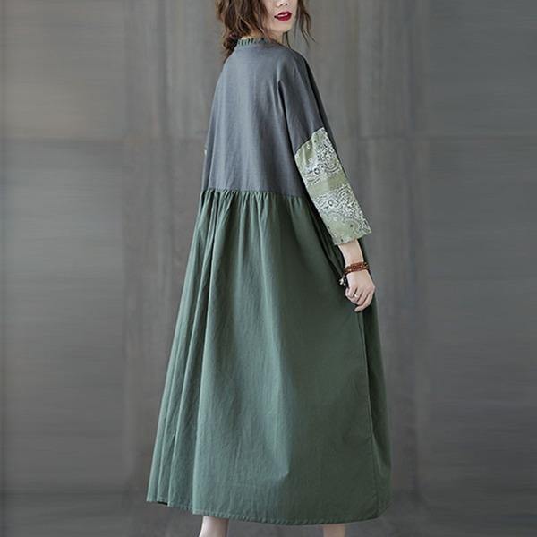 Oversized Women Cotton Linen Casual Dress Vintage Style Patchwork Color Loose Female Long Dresses - Omychic