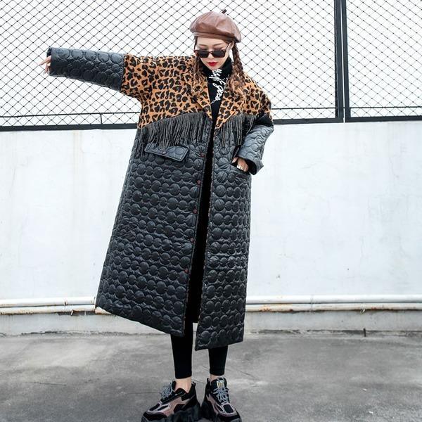 Elegant Tassel Leopard Plus Size Pocket Goddess Fan 2020 Winter Parkas Coat - Omychic