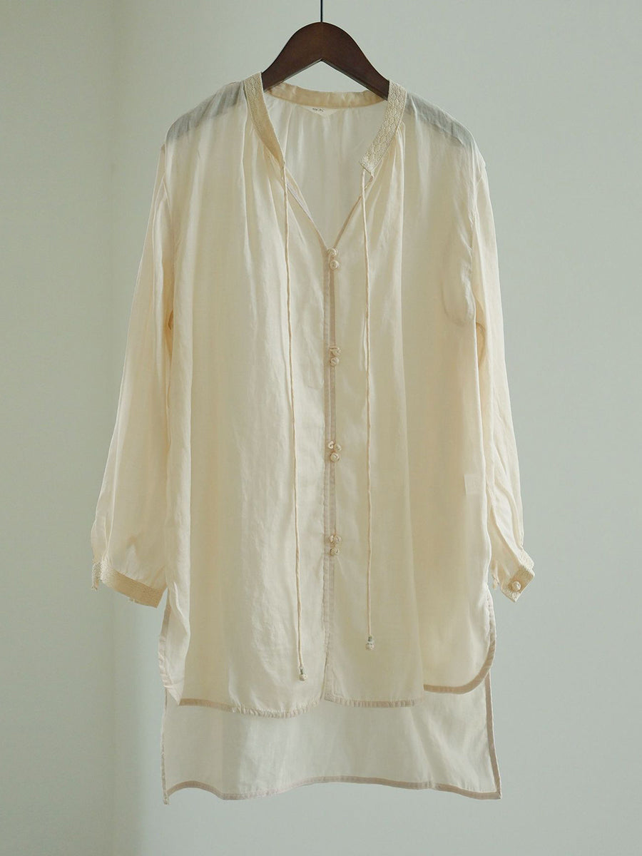 Vintage Button Drawstring Solid Thin Ramie Summer Tops