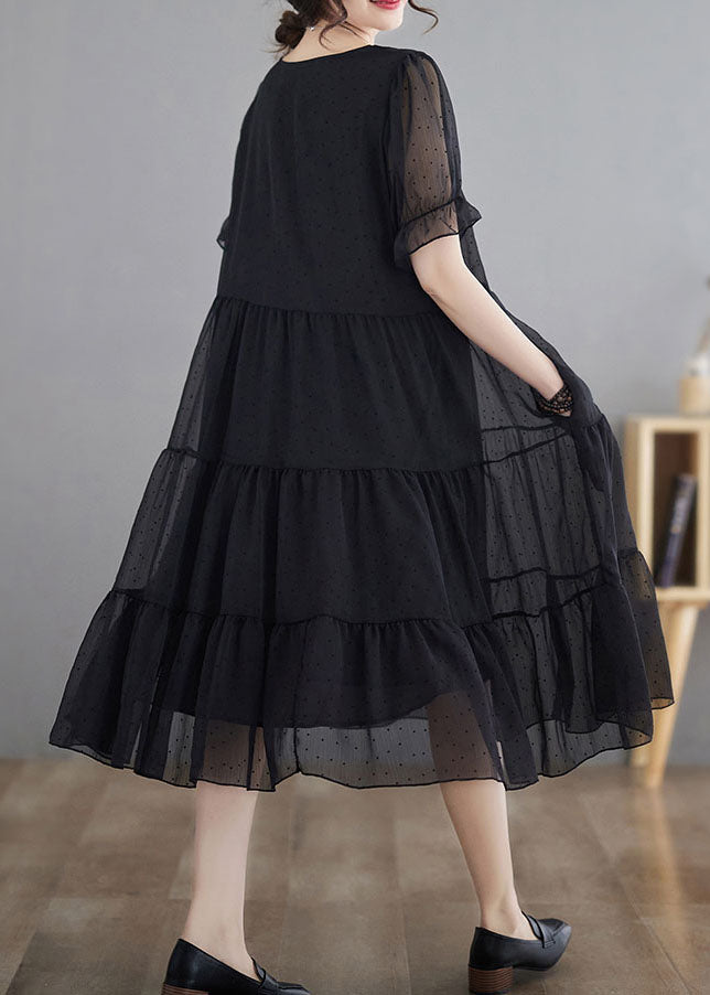 Black Dot Print Patchwork Chiffon Dress Summer