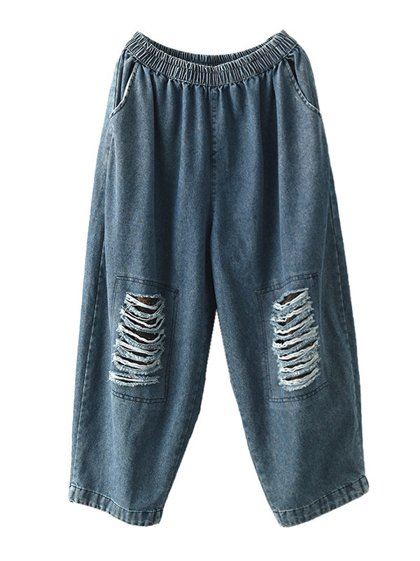 Loose Hollow Elasticity Denim Harem Pants