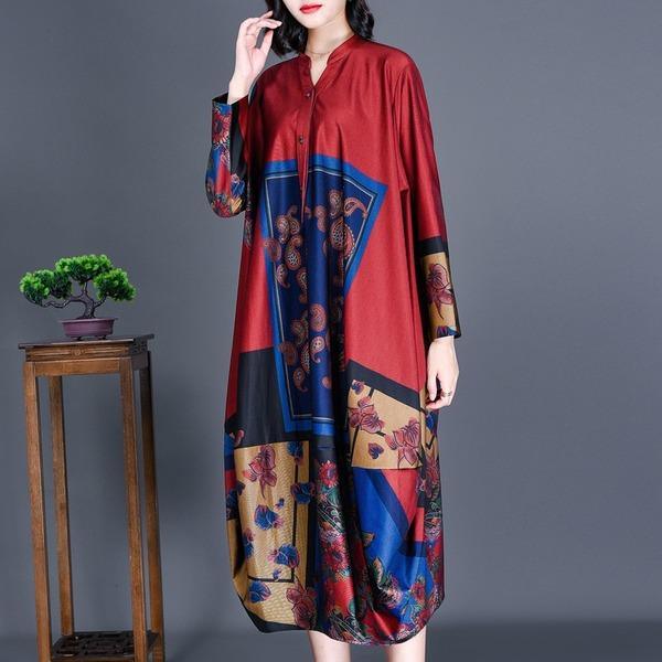 cotton satin plus size vintage floral for women casual loose long spring autumn dress - Omychic