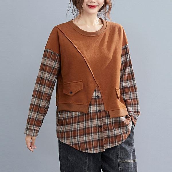 Style Vintage Plaid Patchwork Loose Ladies Pullovers Hoodies - Omychic