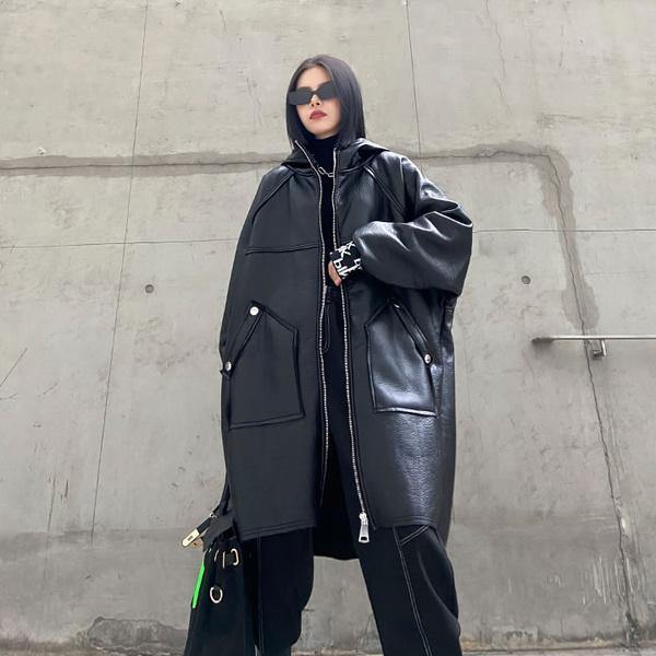 Black Splicing Keep Warm Faux Leather Women New Winter Fashion All-match Coat Personality Splicing Street Trendy - Omychic