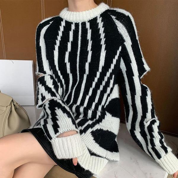 Winter New Hole Sweater Knitting Splicing Personality  Collar Pullover Women Top - Omychic