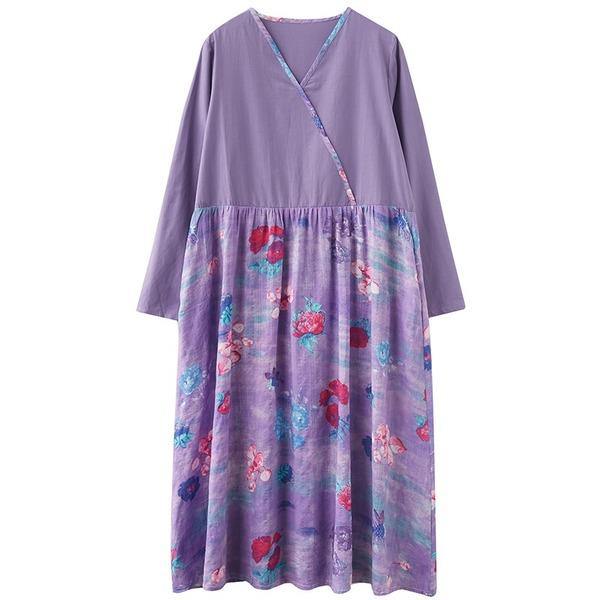 long sleeve plus size cotton linen vintage floral for women casual loose spring autumn dress - Omychic