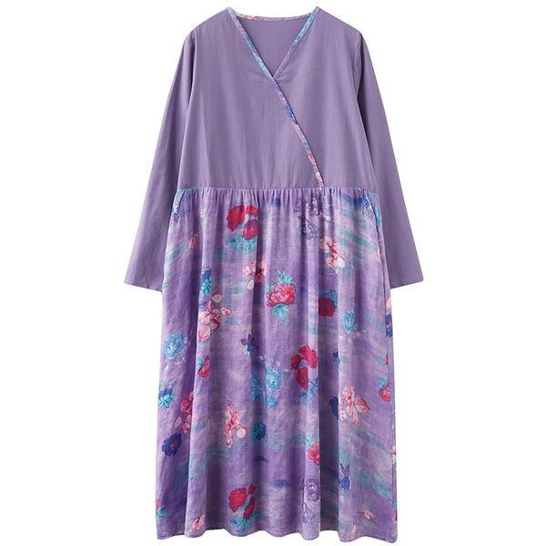 long sleeve plus size cotton linen vintage floral for women casual loose spring autumn dress - Omychic