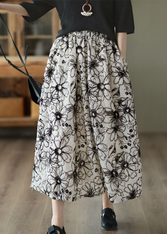 Women Beige Wrinkled Embroideried Linen Skirt Summer