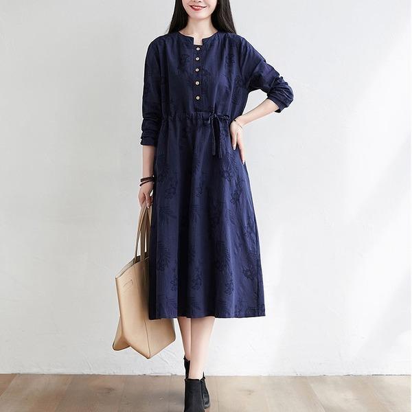 Women Cotton Linen Long  Vintage Solid Color Loose Ladies Casual A-line Dresses - Omychic