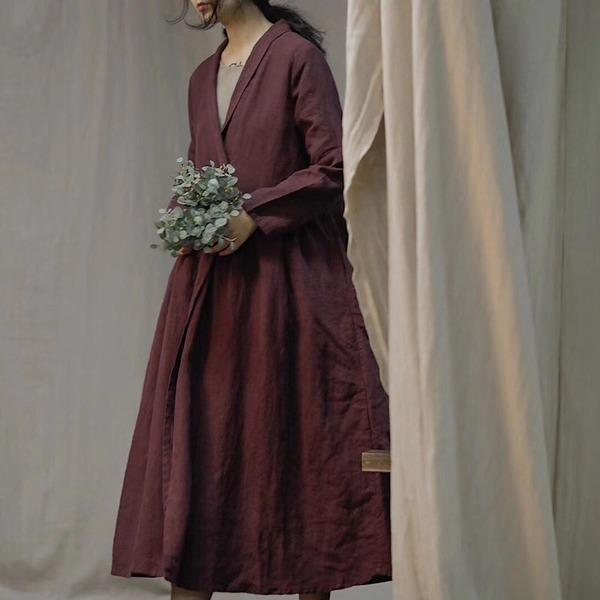 Linen Trench Solid Color Coats Turn-down Collar Long Sleeve Button 2020 Autumn New Chinese Style Trench - Omychic