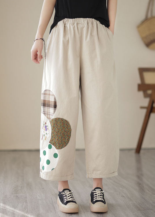 Apricot Pockets Patchwork Cotton Straight Crop Pants Embroidered Summer