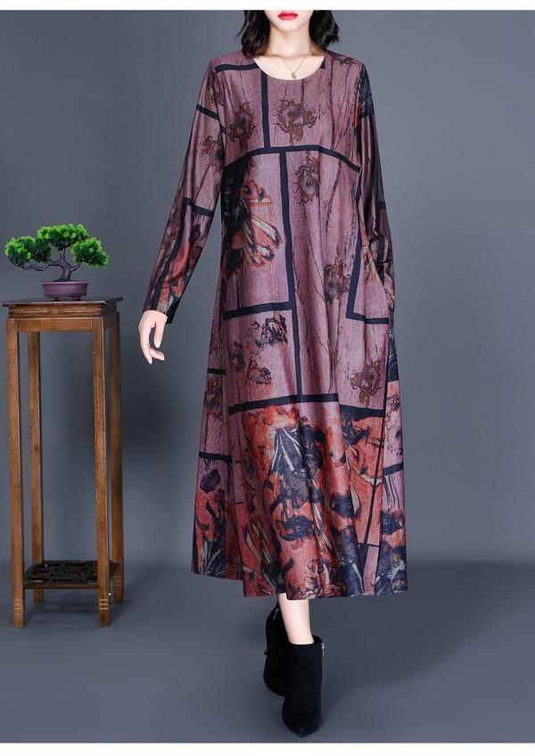 long sleeve plus size cotton satin vintage floral for women casual loose autumn dress - Omychic