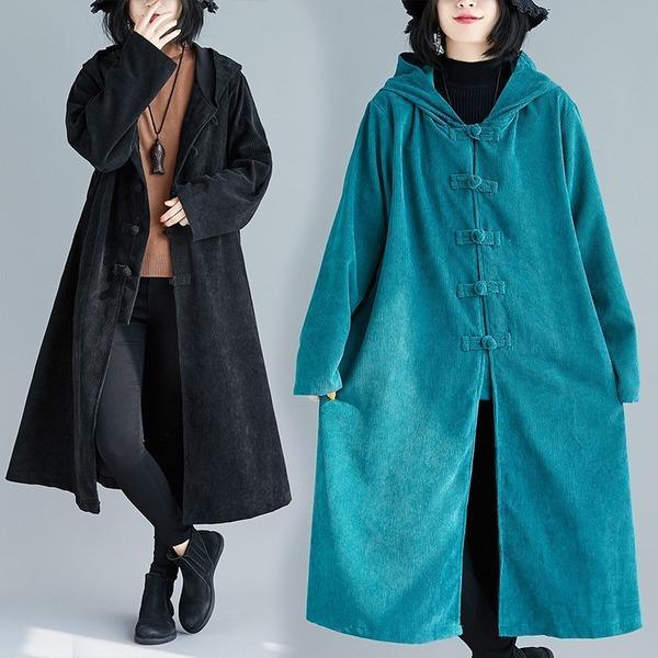 corduroy plus size solid vintage hooded casual loose long autumn winter trench coat - Omychic