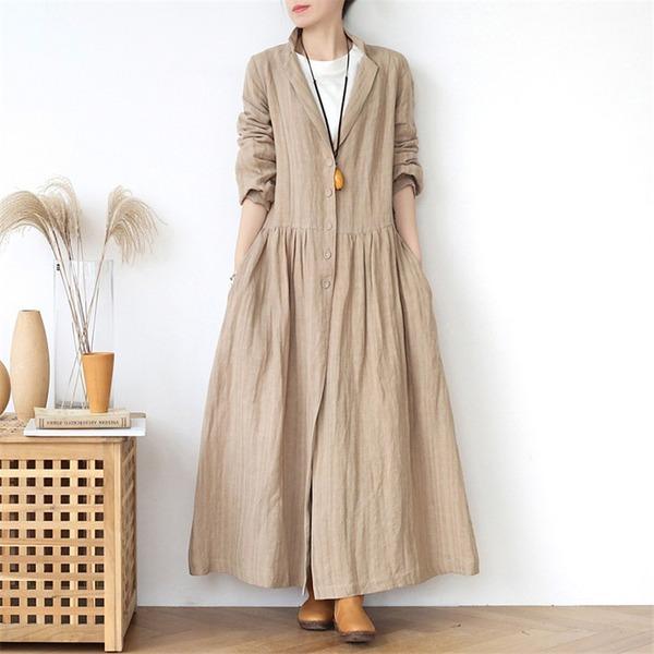 Button 2020 Spring Vintage Stand Long Sleeve Solid Color Robes Loose Coat - Omychic