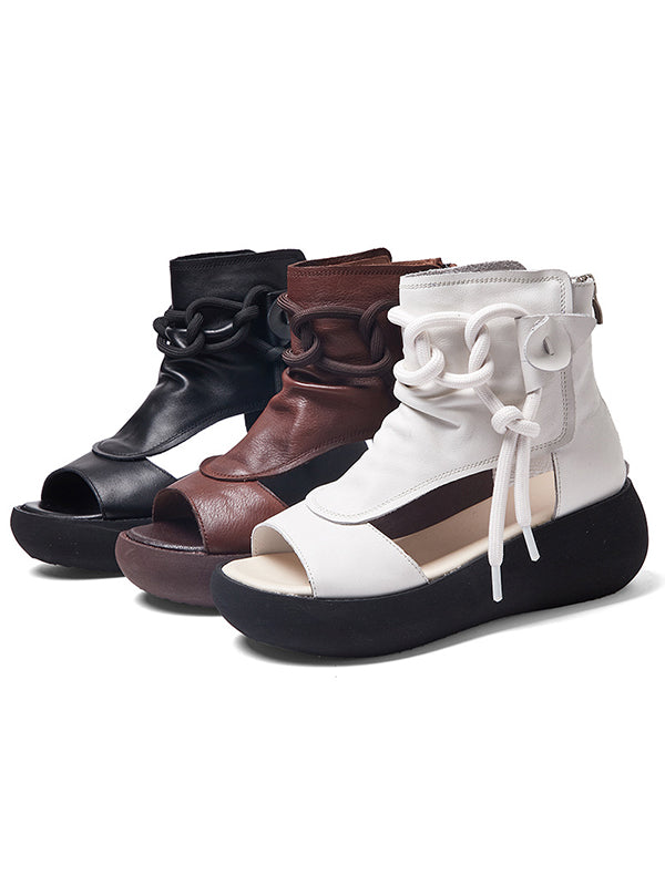 【Leather】Original Casual Solid Color Hollow Out Fish Mouth Platform Shoes