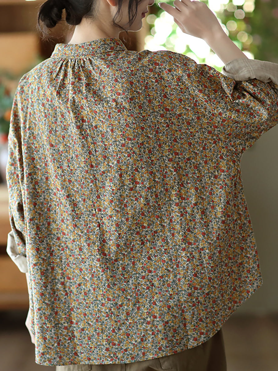 Retro Spring Floral Loose Button T-Shirt