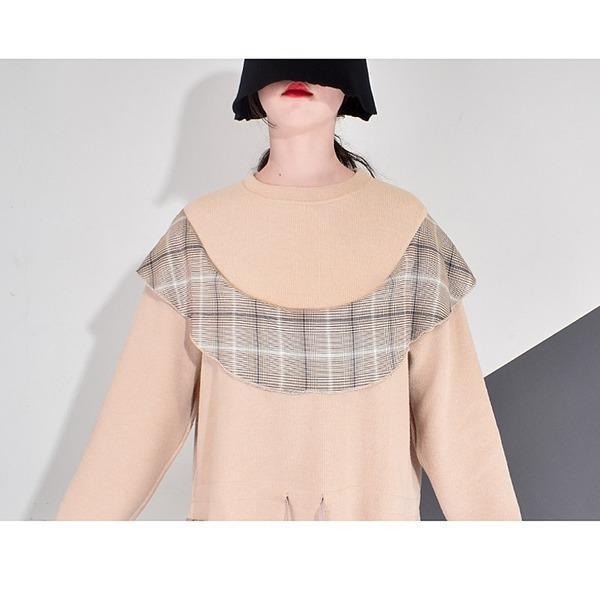 Patchwork Plaid Pleated Dress Women Winter Trendy Fashion New Style O Neck Pullover - Omychic