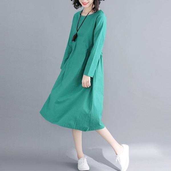 New Arrival 2020 Autumn Simple Style Vintage Solid Color Loose Dress - Omychic