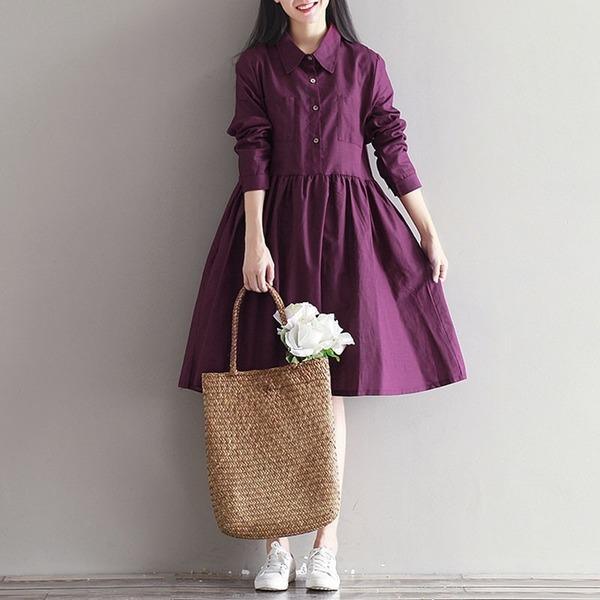 Women Cotton Linen Casual Dress New 2020 Simple Style Knee-length A-line Dress - Omychic