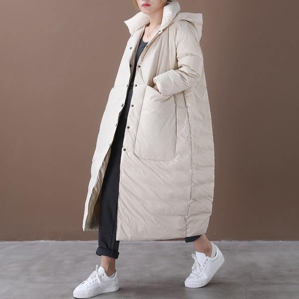 Women Beige Warm Winter Down Coats Hooded Pockets Wide-waisted Female Long Down Coats - Omychic