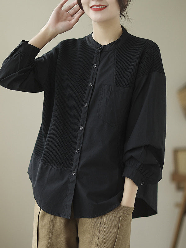 Vintage Long Sleeves Loose Split-Joint Round-Neck Blouses