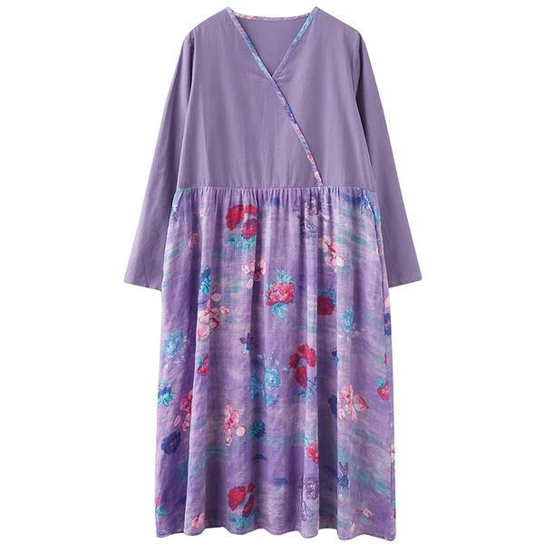 omychic plus size cotton linen vintage floral for women casual loose spring autumn dress - Omychic