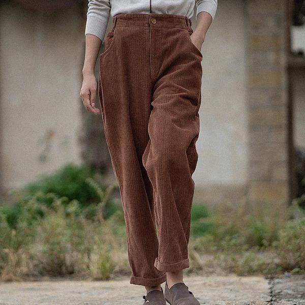 Women Autumn Winter Elastic Waist Corduroy Pants - Omychic