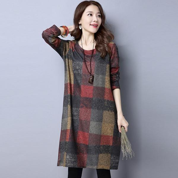 long sleeve cotton woolen plus size vintage for women casual loose midi autumn winter dress - Omychic