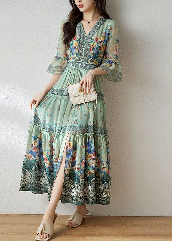 Art Light Green V Neck Ruffled Print Silk Long Dress Flare Sleeve