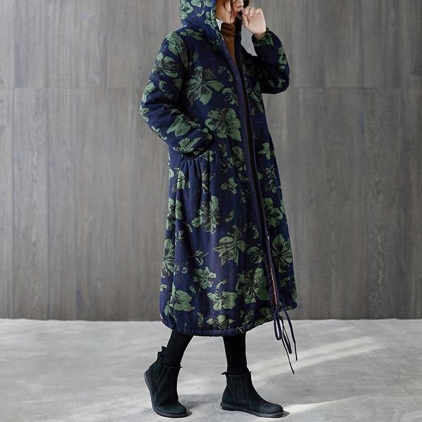 plus size hooded Cotton vintage floral casual long loose autumn winter jacket clothes - Omychic