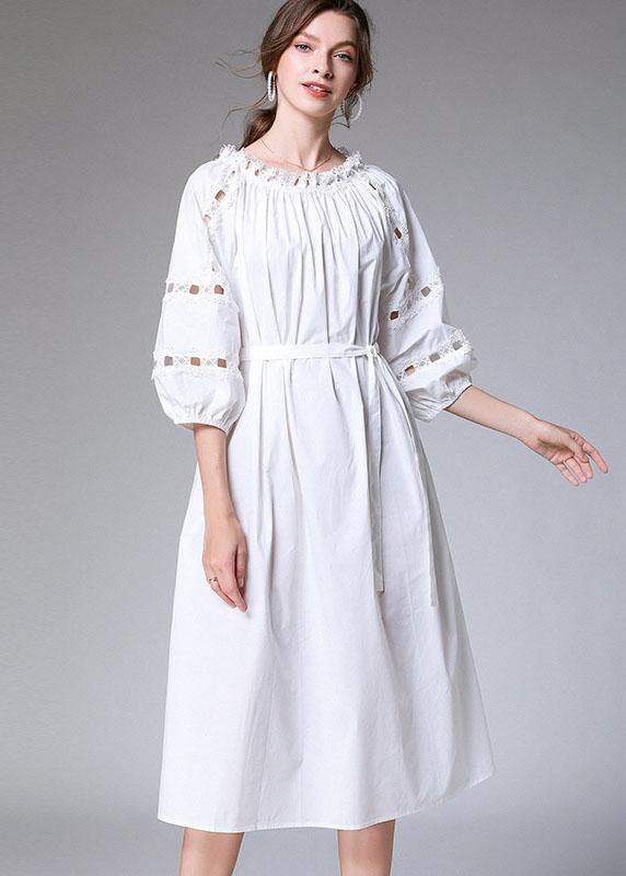 DIY White Slash Necktie Waist Cotton Fall Long Dress Half Sleeve