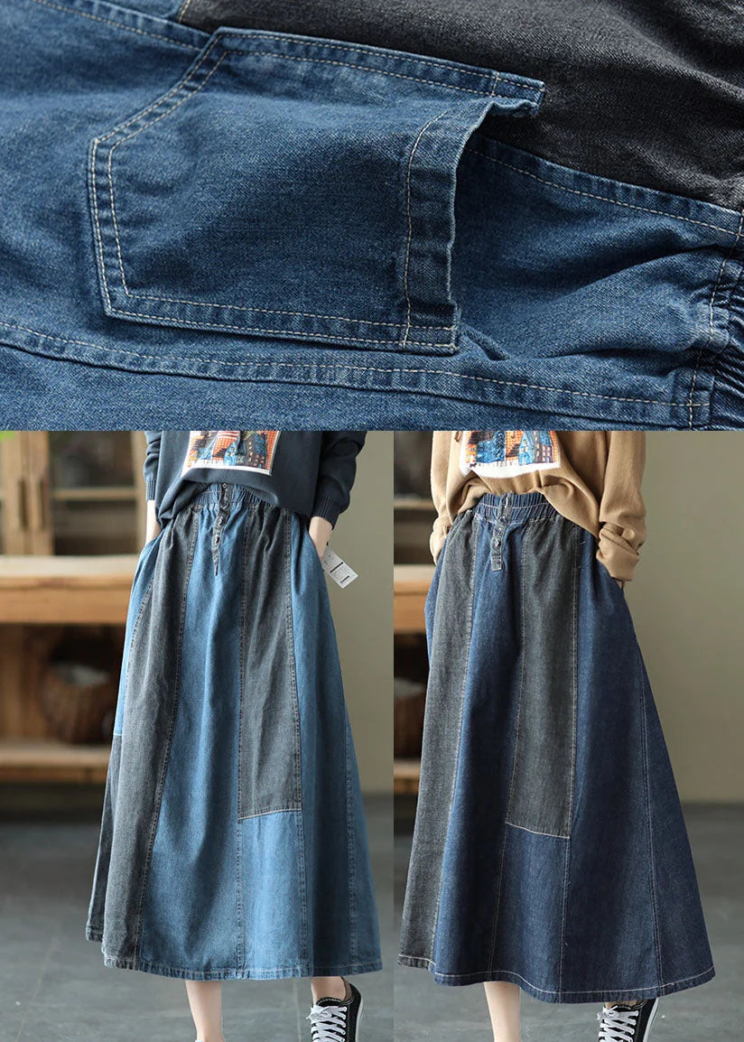 Dark Blue Denim Skirt Elastic Waist Button