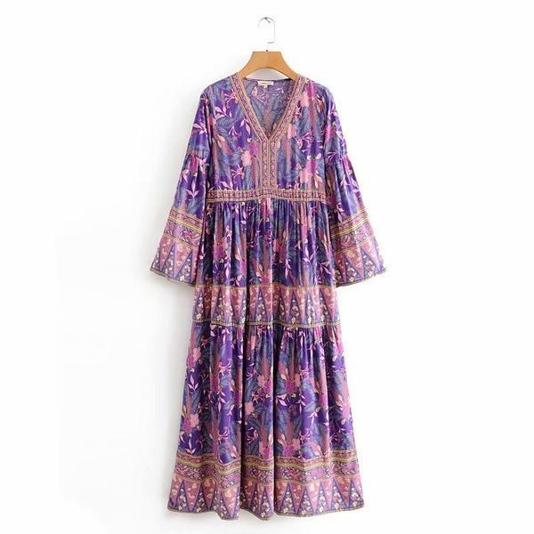 Loose Autumn Spring V Neck Bohemian Dress Ladies Printed Loose Dress - Omychic