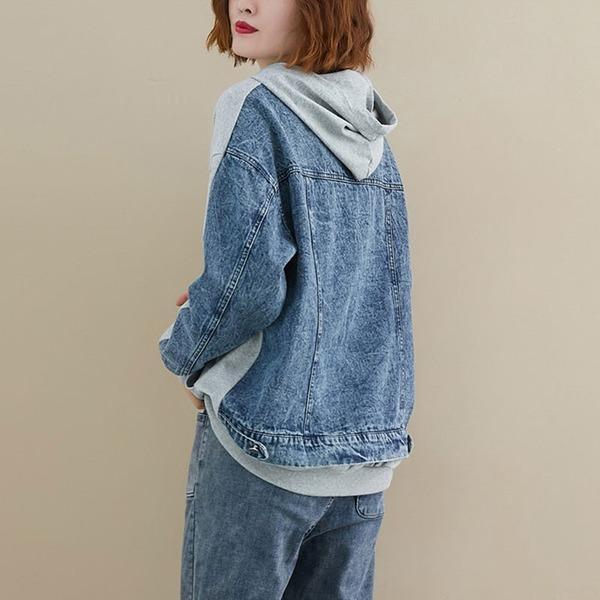 New 2020 Autumn Winter Simple Style Patchwork Denim Ladies Pullovers Hoodies - Omychic