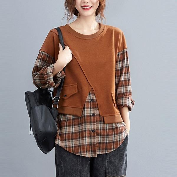 Style Vintage Plaid Patchwork Loose Ladies Pullovers Hoodies - Omychic