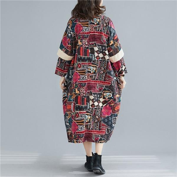 plus size cotton linen vintage floral for women casual loose long spring autumn dress - Omychic