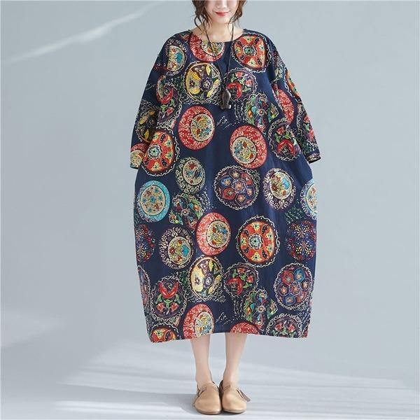 Oversized Women Cotton Linen Casual Dress O-neck Loose Female Long Dresses - Omychic