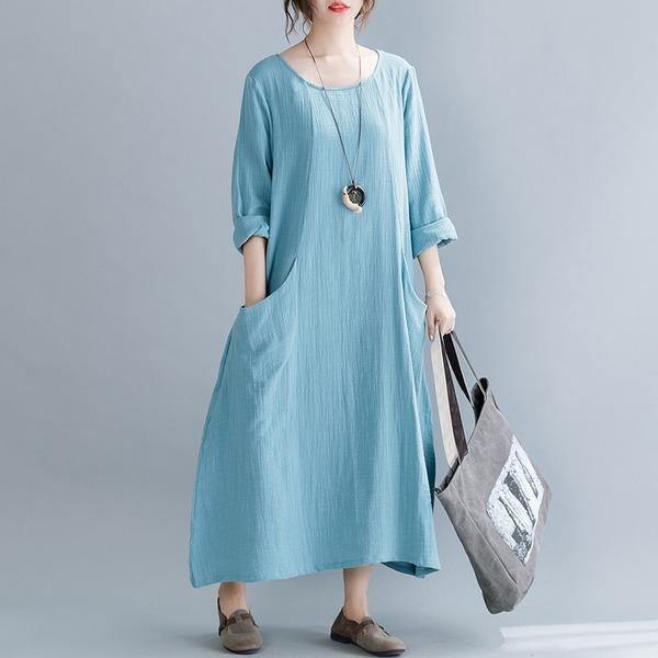 omychic plus size cotton linen vintage women casual loose spring autumn dress - Omychic