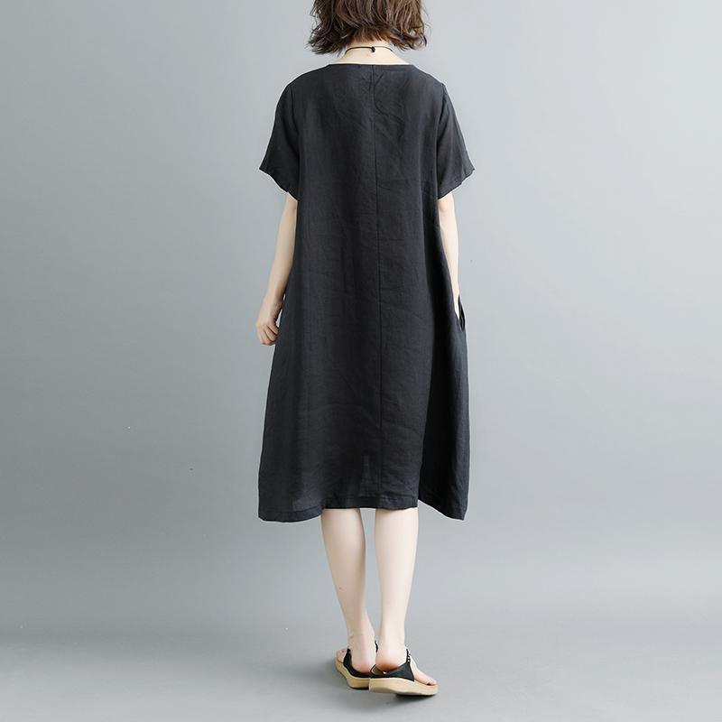 Casual Summer Short Sleeve Black Pockets Slit Dress - Omychic
