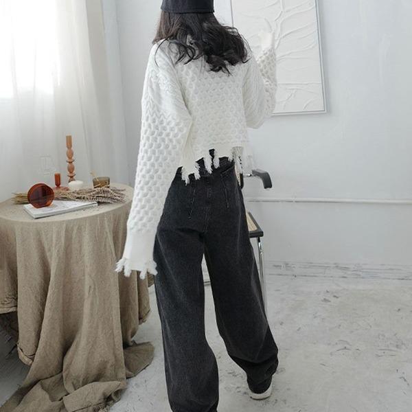 Spring New Sweater Knitting Splicing Broken Edge Tassel Women Casual Fashion Turtleneck Collar Solid Color - Omychic