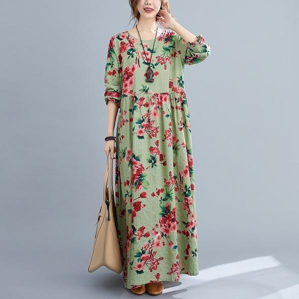 long sleeve plus size cotton linen vintage floral for women casual loose autumn dress - Omychic