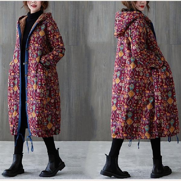 plus size hooded Cotton vintage floral casual long loose autumn winter jacket clothes women Coat 2020 outerwear - Omychic