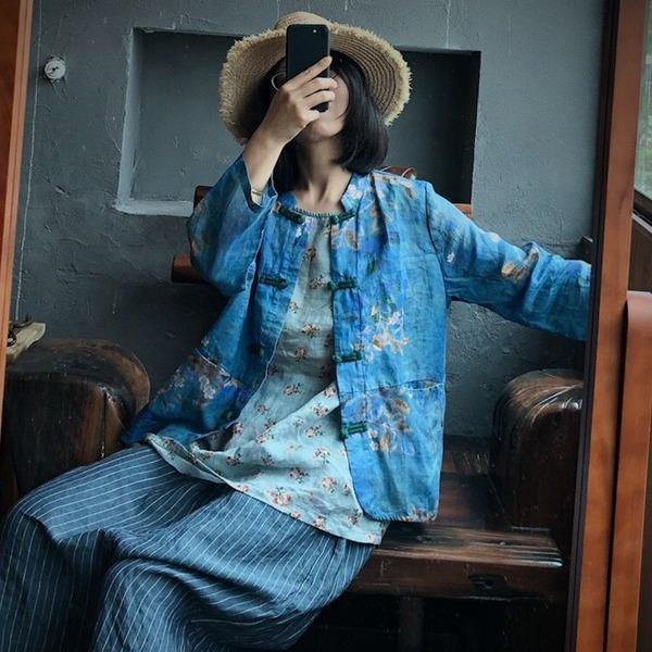 New 2020 Autumn  Print Flower Ramie Coats Vintage Full Sleeve O-Neck Linen Coats - Omychic