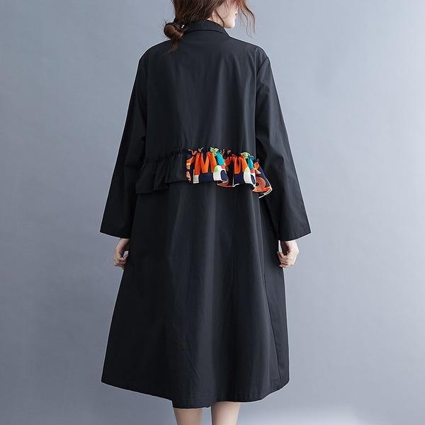 omychic plus size black cotton vintage for women casual loose midi autumn shirt dress - Omychic